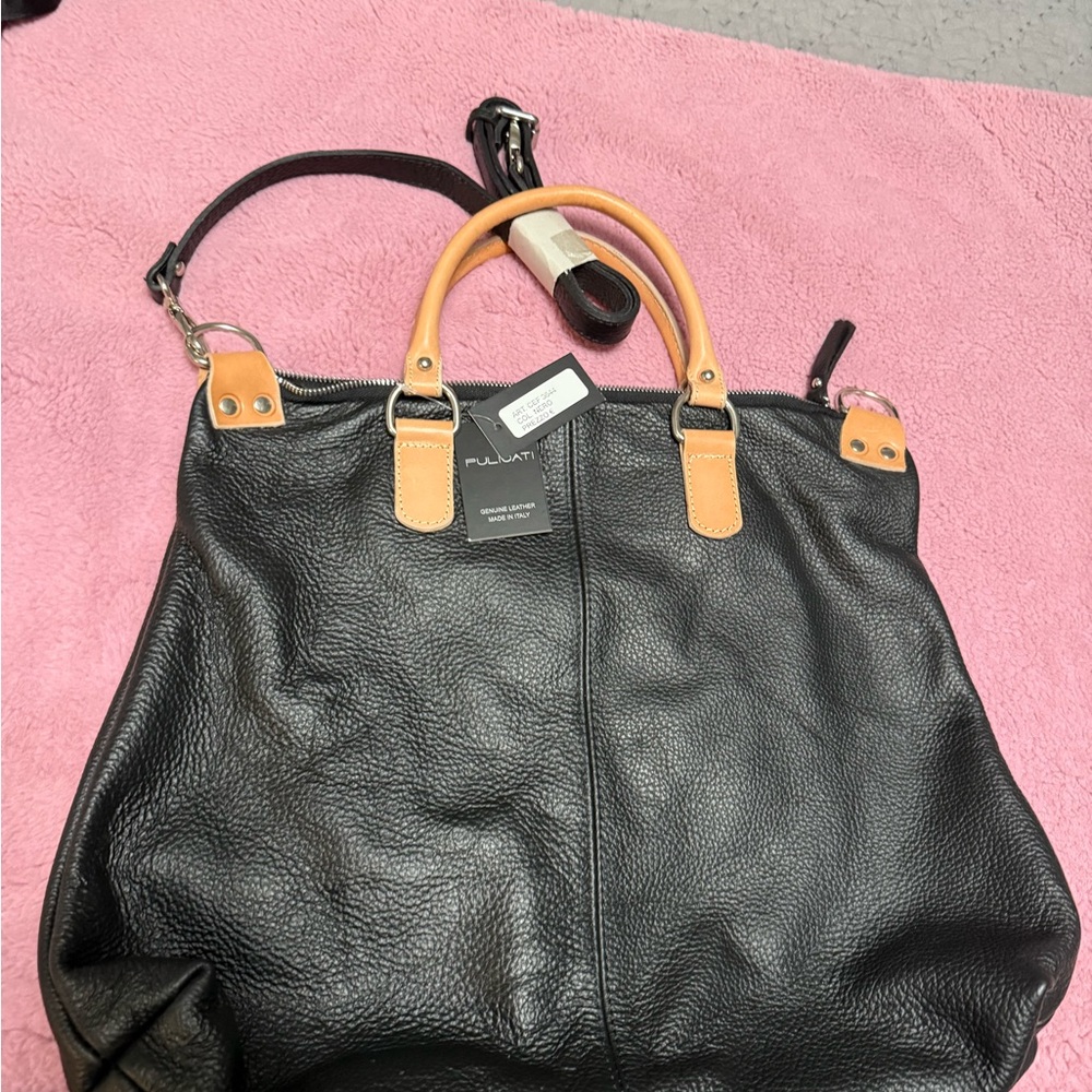 Pulicati Black Travel Tote with Tan Handles